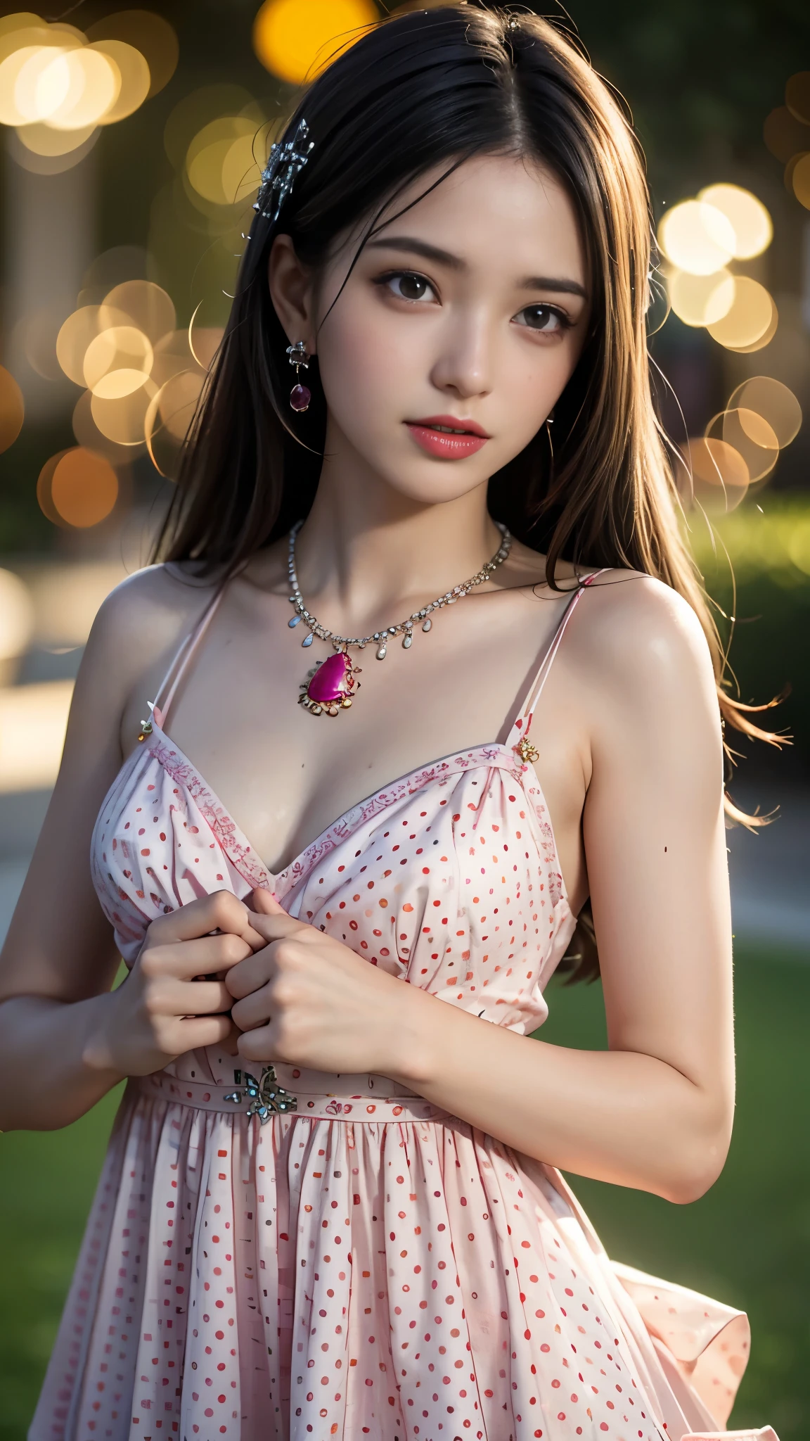 best quality, masterpiece, 1girl, (polka dot dress), purple dress, hair ornament, necklace, (jewellery:1.8), Beautiful face, upon body, tyndall effect, photorealistic, rim lighting, two tone lighting, (high detailed skin:1.2), dslr, (spreading light:1.5) soft lighting, high quality, volumetric lighting, candid, park, Photograph, high resolution, 4k, 8k, Bokeh,