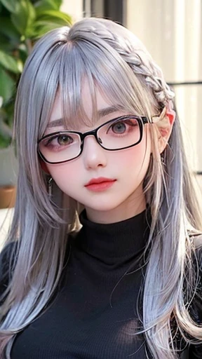 幼いgirl、small face、 (alone:1.5,)Super detailed,明るいcolor, very beautiful detailed anime face and eyes, look straight,eye shadow、 shiny_skin,girl, (((虹colorの髪,, 半分の髪の毛は青color、Half silver hair: 1.5))), 、shiny hair, delicate beautiful face, blush、Glasses、(turquoise eyes), , Valletta, red earrings,、black turtleneck、flower garden、Sitting among flowers、smile、happy face、face dyed red、color々pose、Head to toe full body portrait、(I can see the whole body)