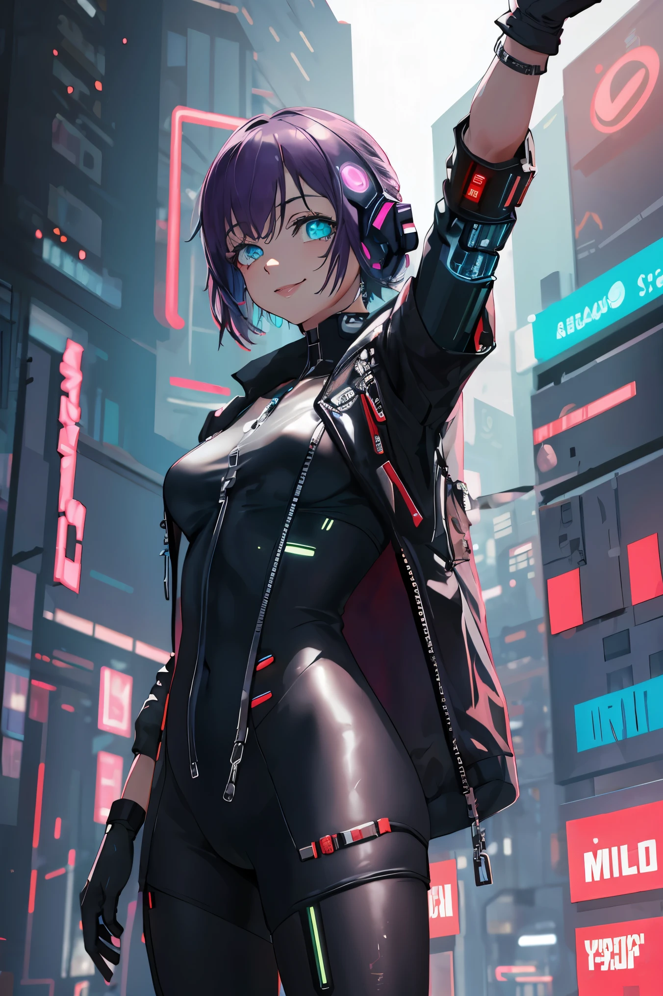 1girl, solo, short hair, purple hair,glowing green eyes, 
BREAK ((cyberpunk, bodysuit, gloves:1.5))
BREAK blurry background,
BREAK standing, cowboy shot, smile, autumn,armpits,arm up,
BREAK (masterpiece:1.2), best quality, high resolution, unity 8k wallpaper, (illustration:0.8), (beautiful detailed eyes:1.6), extremely detailed face, perfect lighting, extremely detailed CG, (perfect hands, perfect anatomy),