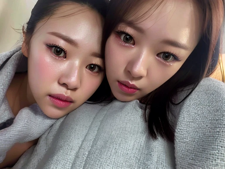 best quality, 4k, 8k, ultra highres, raw photo in hdr, sharp focus, intricate texture, skin imperfections, photograph a photo of jihyolorashy woman and her identical twin (kissing:1.2) perfect body perfect face