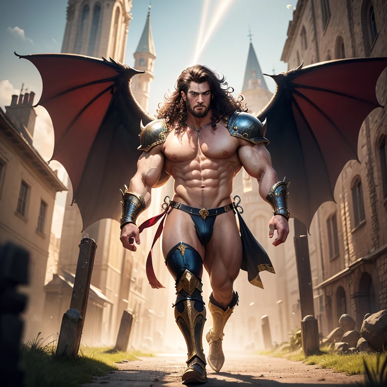 warrior man with big sword, muscular man of micro loincloth with bulge, sword in hand, upward bulge in micro lingerie, city background, bright and gleaming sword, quality image, best quality, in attack position, realistic details, magic particles, whole body image, clothes with golden details, long hair tied, scar on face, image catching all body,  boots with golden details, blood particles, golden armor, uncovered abdomen, micro leather thong, scar on chest, part of leather armor, manly man, man with big hair, big bulky muscles, whole body, medieval scenery, photo particles, rays of sunlight in the background, full body image, whole glass appearing in photo, medieval city background,  Medieval setting, hair flying in the wind, bulge upward erection