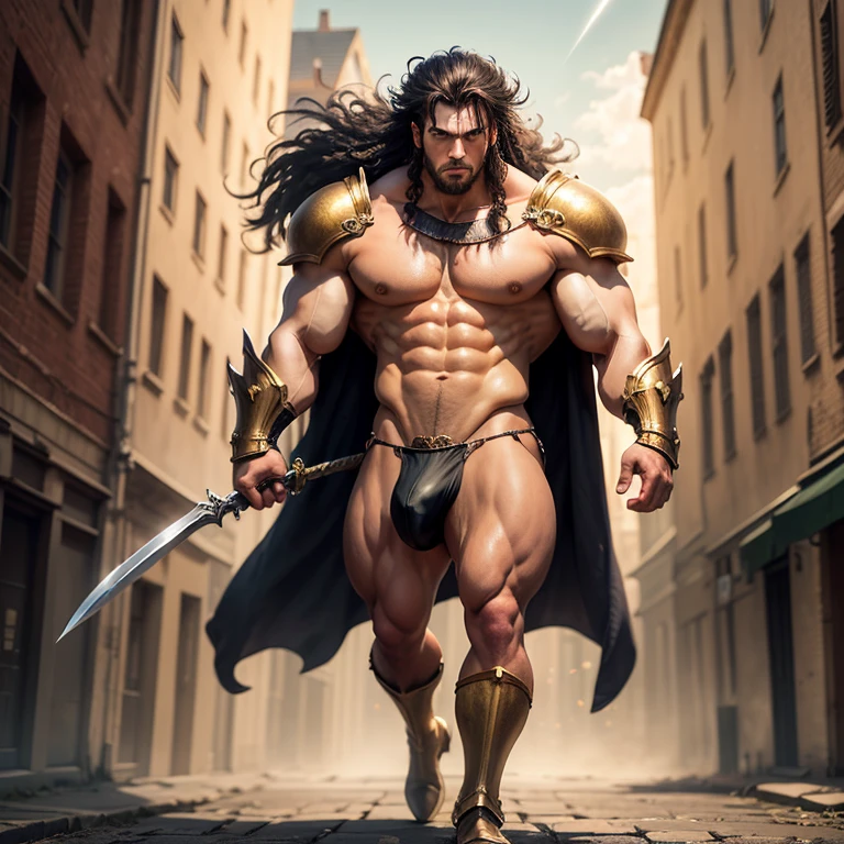 warrior man with big sword, muscular man of micro loincloth with bulge, sword in hand, upward bulge in micro lingerie, city background, bright and gleaming sword, quality image, best quality, in attack position, realistic details, magic particles, whole body image, clothes with golden details, long hair tied, scar on face, image catching all body, boots with golden details, blood particles, golden armor, uncovered abdomen, micro leather thong, scar on chest, part of leather armor, manly man, man with big hair, big bulky muscles, whole body, medieval scenery, photo particles, rays of sunlight in the background, full body image, whole glass appearing in photo, medieval city background, Medieval setting, hair flying in the wind, bulge upward erection