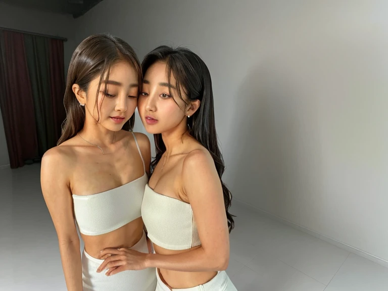 best quality, 4k, 8k, ultra highres, raw photo in hdr, sharp focus, intricate texture, skin imperfections, photograph a photo of jihyolorashy woman and her identical twin (kissing:1.2) perfect body perfect face