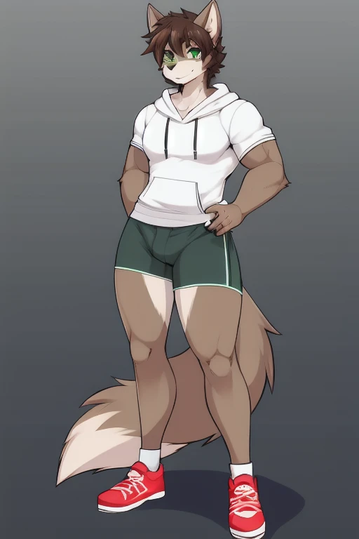 wolf ears, 1boy, gold eyes, black hair, fluffy hair, wolf tail, vibrant, HD, black baggy hoodie, black booty shorts, accurate hands, blush, black thigh socks, smug, big butt, big thighs, toned abs, black shoes, flat chest, accurate legs, masterpiece