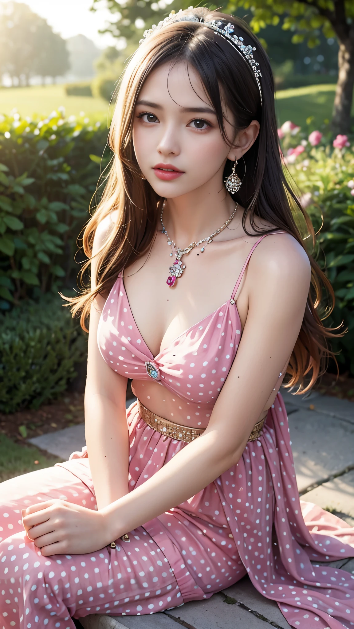 best quality, masterpiece, 1girl, (polka dot dress), pink dress, hair ornament, necklace, (jewellery:1.8), Beautiful face, small breasts, tyndall effect, photorealistic, rim lighting, two tone lighting, (high detailed skin:1.2), dslr, (spreading light:1.5) soft lighting, high quality, volumetric lighting, candid, in the garden, Photograph, high resolution, 4k, 8k, Bokeh, sitting,