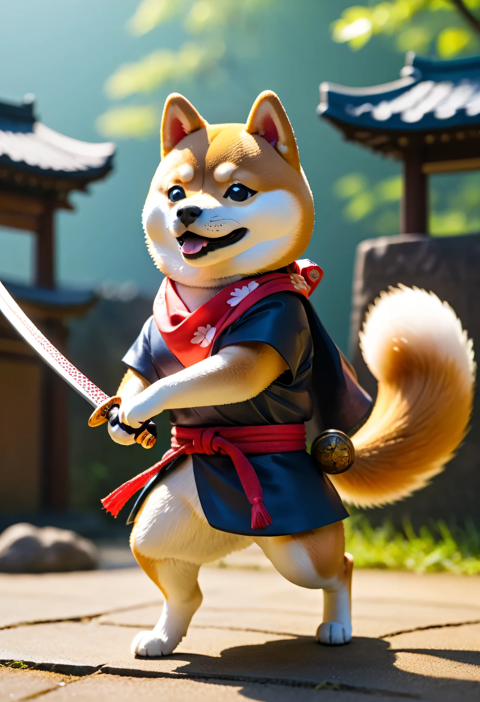 Full body Esbian、Cool Shiba Inu、Pop Shiba Inu、Diorama、simple background、bandana、Holding a Japanese sword in hand、best quality, Capture super cute moments, Depth of the bounds written, Super detailed, Super high resolution, octadale, 8K, 16 km race