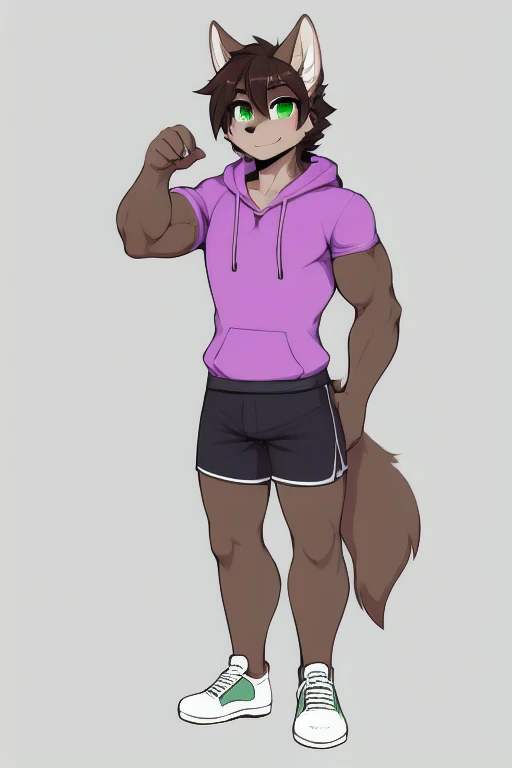 Furry, anthropomorphic wolf, Russet brown fur, dark brown hair, dark green eyes, 6'1 and 173 lbs, 41" Chest, 19" Shoulders, 13" Biceps, 32" waist, 23" Thighs, 15" Calves, 19" Back, twink, lime green hoody, gray-green T-shirt, gray-ish green sweat shorts, wearing dark slate gray slip on shoes