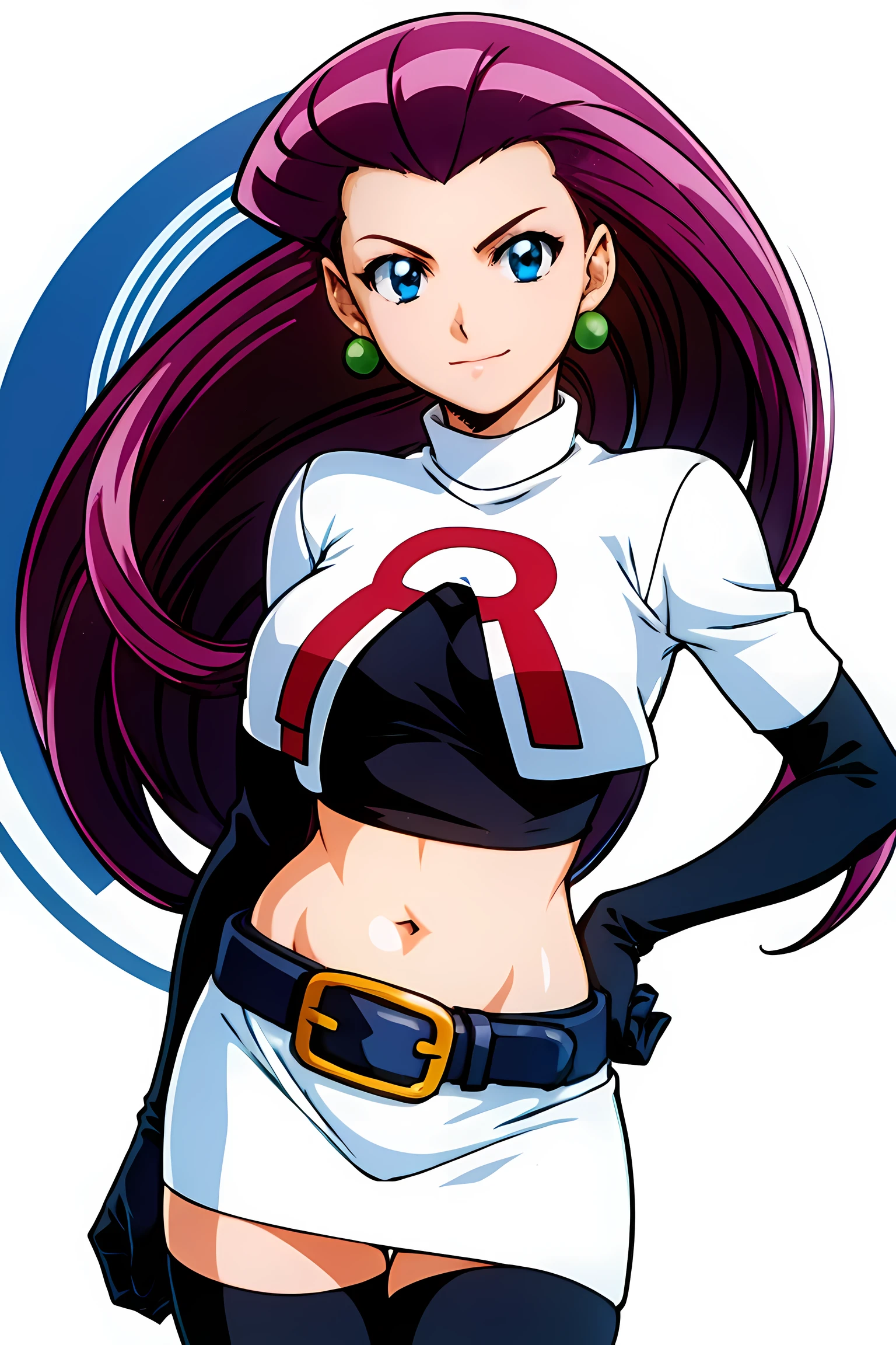 (highest quality:1.3),(ultra-become familiar with:1.5),High resolution,extremely become familiar with CG,unity 8k wallpaper,official art,become familiar with,super become familiar with skin,perfect anatomy,beautiful become familiar with eyes,(anime screenshot:1.11),very delicate and beautiful,(90s anime,90s anime style,cel shaded anime:1.17),1 girl,anmnr,
((jessie pokemon:1.52)),Team Rocket, gloves, slicked back hair, long hair, jewelry, skirt, belly button, Thighhighs, earrings, elbow gloves, Team Rocket uniform, crop top, blue eyes, abdomen, white background, belt, black gloves, very long hair, simple background, smile, black Thighhighs, purple hair, looking at the viewer, chest, white skirt, miniskirt,