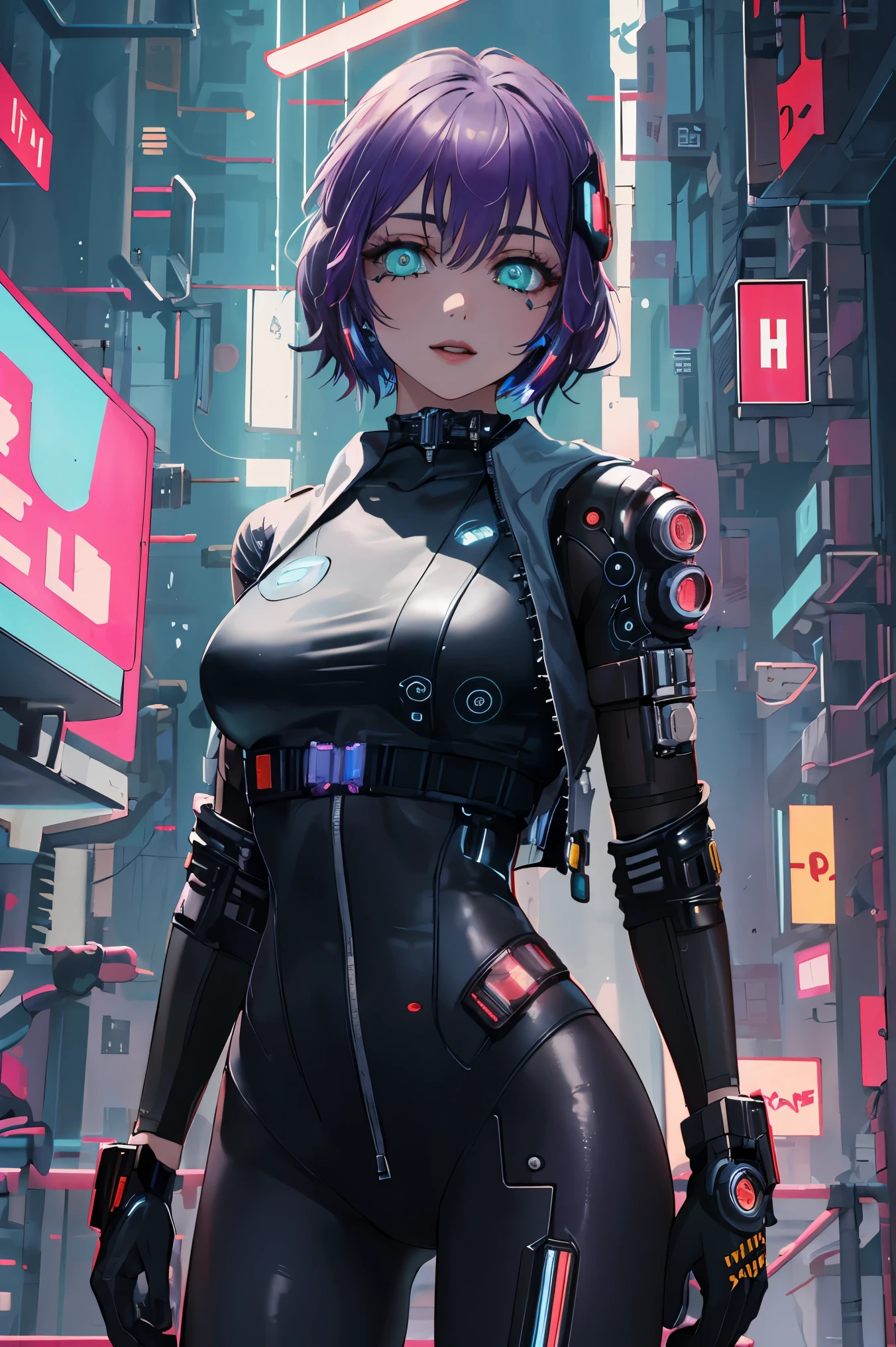 1girl, solo, short hair, purple hair,glowing green eyes,
BREAK ((cyberpunk, bodysuit, gloves:1.5))
BREAK city, night,
BREAK happy, erotic, hentai,looks at viewer,
BREAK (masterpiece:1.2), best quality, high resolution, unity 8k wallpaper, (illustration:0.8), (beautiful detailed eyes:1.6), extremely detailed face, perfect lighting, extremely detailed CG, (perfect hands, perfect anatomy),