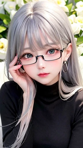幼いgirl、small face、 (alone:1.5,)Super detailed,明るいcolor, very beautiful detailed anime face and eyes, look straight,eye shadow、  shiny_skin,girl, (((, 半分の髪の毛は青color、Half silver hair: 1.5))), 、shiny hair, delicate beautiful face, blush、Glasses、(turquoise eyes), , Valletta, red earrings,、black turtleneck、flower garden、Sitting among flowers、smile、happy face、face dyed red、color々pose、Head to toe full body portrait、（I can see the whole body）