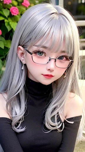 幼いgirl、small face、 (alone:1.5,)Super detailed,明るいcolor, very beautiful detailed anime face and eyes, look straight,eye shadow、  shiny_skin,girl, (((, 半分の髪の毛は青color、Half silver hair: 1.5))), 、shiny hair, delicate beautiful face, blush、Glasses、(turquoise eyes), , Valletta, red earrings,、black turtleneck、flower garden、Sitting among flowers、smile、happy face、face dyed red、color々pose、Head to toe full body portrait、（I can see the whole body）