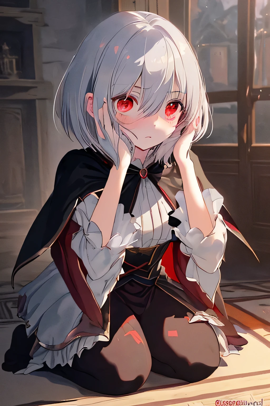 ((Place your hands over your face)), ((surprised)), ((facing forward)), (blush), one girl, goblin, silver hair, red eyes, bob cut,  fantasy costume, wizard, frills, robe, long skirt, tights, black cloak, indoors, kneel down, concept art, beautiful anime scene, beautiful anime scenery, masterpiece, highest quality, 4k