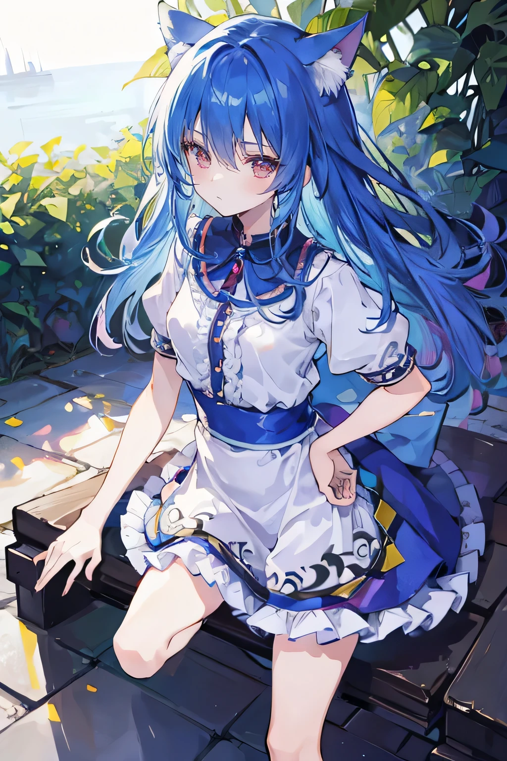 (masterpiece),best quality, expressive eyes, perfect face, 1girl,
 Put your hands on your waist,fair, Gorgeous,Japanese cartoons,girl,lola,Hina Angel, blue hair, blue haired, floating clothes,Grab your waist, Grab your waist, hands on hips , hands on hips,sit, sit on ground, Legs on the ground, flat chest,cat ears,