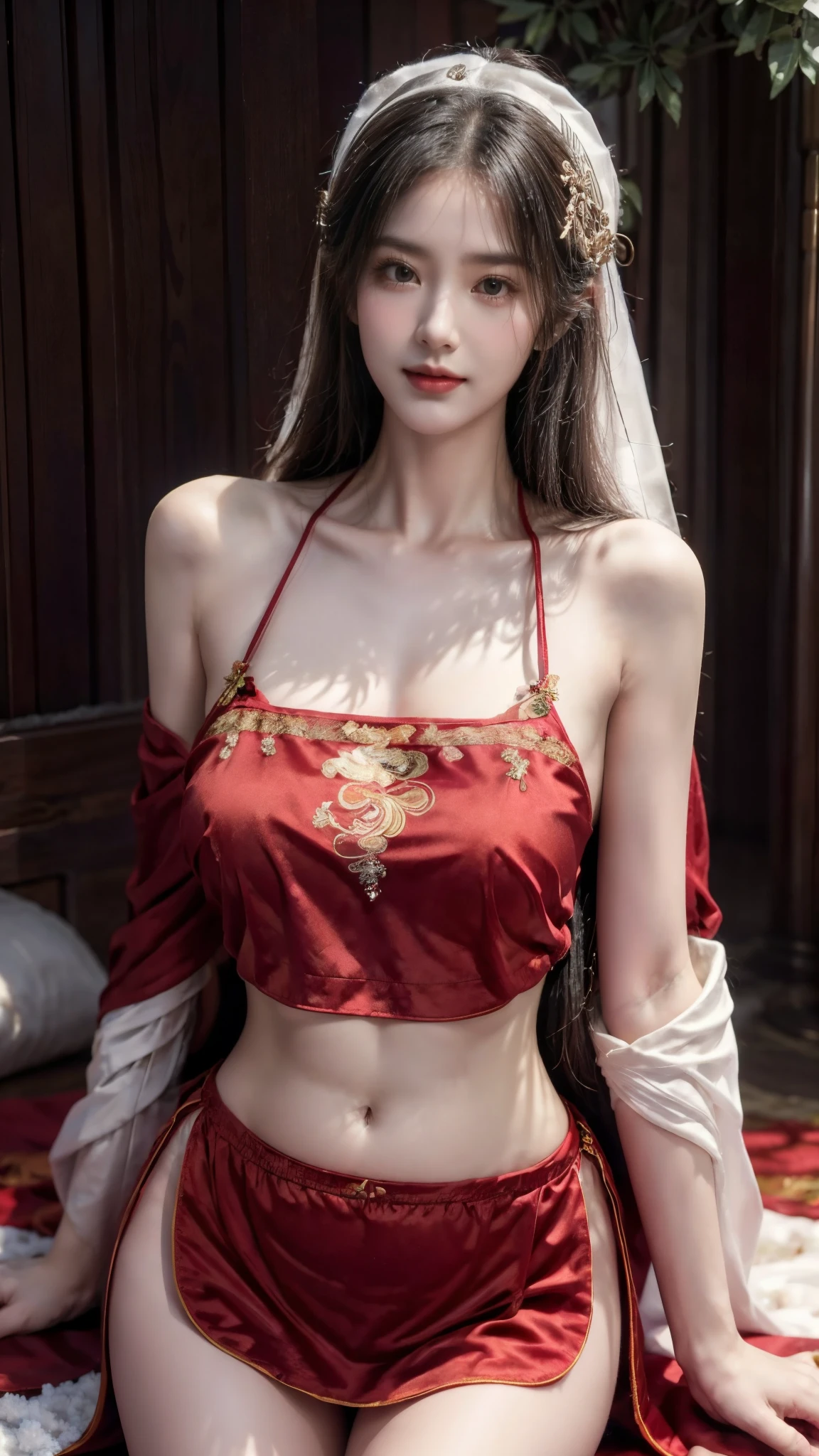 (8k, RAW photo, best quality, masterpiece:1.2), (realistic, photo-realistic:1.4), (extremely detailed CG unity 8k wallpaper), (1 girl:1.5), Western beauty, (red clothes: 1.4), red spots on forehead, pale skin, blush, big eyes, full body, thighs, open navel, gold waist chain, gold jewelry, flying ribbons, particles, background is Loulan ancient city, ancient city wall, desert, dance, dunhuang_dress, dunhuang_style, (masterpiece), best quality, 8K resolution, 3D, close-up, a beautiful girl, wearing a slip dress, with a necklace, a beauty mole under the corner of the left eye, Perfect figure, ((beautiful detailed face)), (upper body: 1.3), black hair (messy), delicate makeup, red lips, shiny lips, long eyelashes, with silver earrings, bright big eyes, eye shadow, lying silkworm, movie lighting, cute girl, master works, high detail, colorful picture, light and shadow details, extremely delicate beautiful girl, supple and fair skin, delicate facial features, perfect face, stunning beauty, extreme details, realistic details, facing the audience, taking a selfie with a mobile phone, Clear focus: 1.2