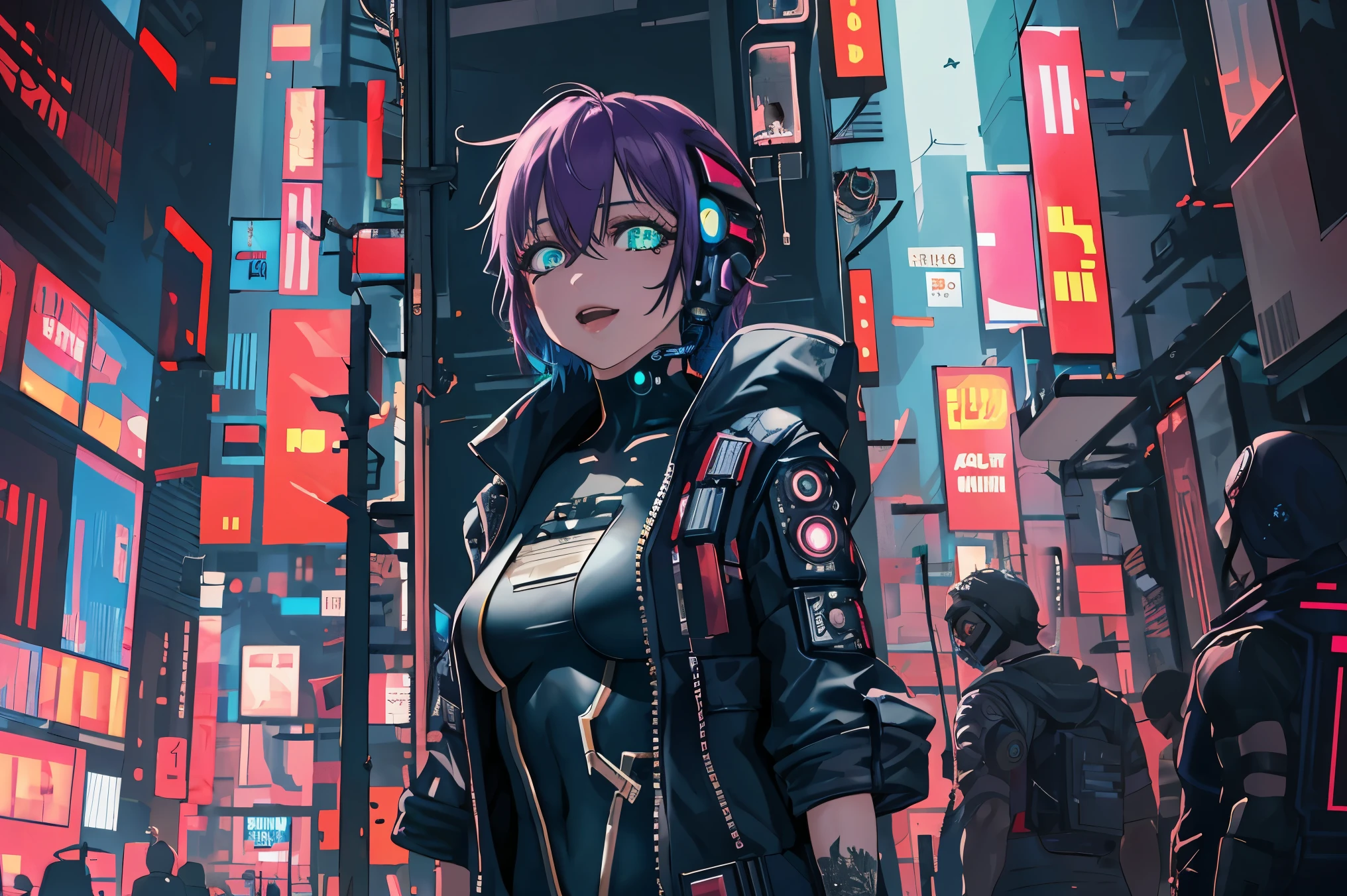 1girl, solo, short hair, purple hair,glowing green eyes, 
BREAK ((cyberpunk, bodysuit, gloves:1.5))
BREAK city, night,
BREAK happy, erotic, hentai,looks at viewer,
BREAK (masterpiece:1.2), best quality, high resolution, unity 8k wallpaper, (illustration:0.8), (beautiful detailed eyes:1.6), extremely detailed face, perfect lighting, extremely detailed CG, (perfect hands, perfect anatomy),