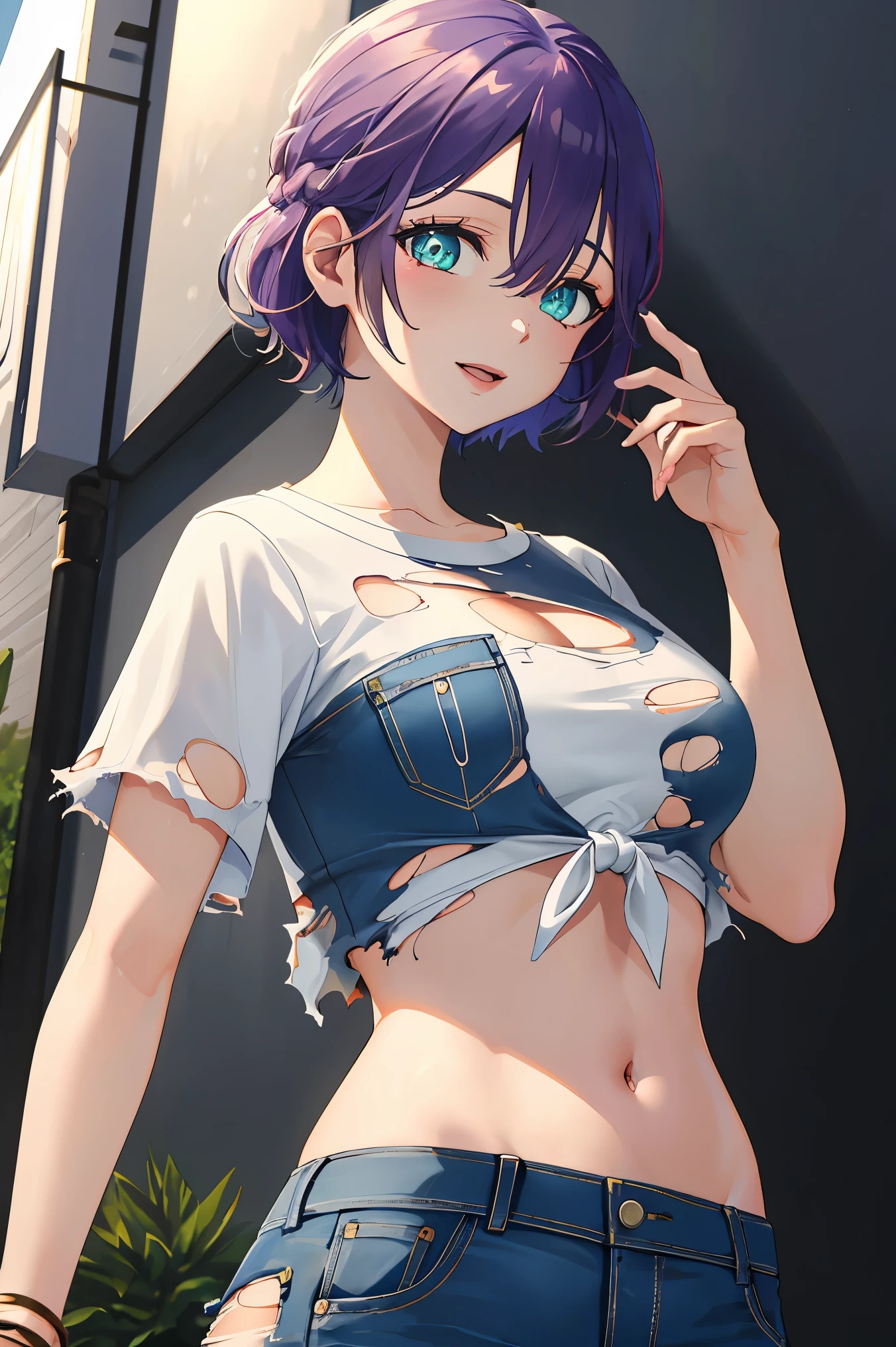1girl, solo, short hair, purple hair,glowing green eyes,
BREAK ((midriff, navel, pants, shirt, short, tied shirt, toned, torn clothes, belth, denim, short sleeves, white shirt:1.5))
BREAK city, night,
BREAK happy, erotic, hentai,looks at viewer,
BREAK (masterpiece:1.2), best quality, high resolution, unity 8k wallpaper, (illustration:0.8), (beautiful detailed eyes:1.6), extremely detailed face, perfect lighting, extremely detailed CG, (perfect hands, perfect anatomy),