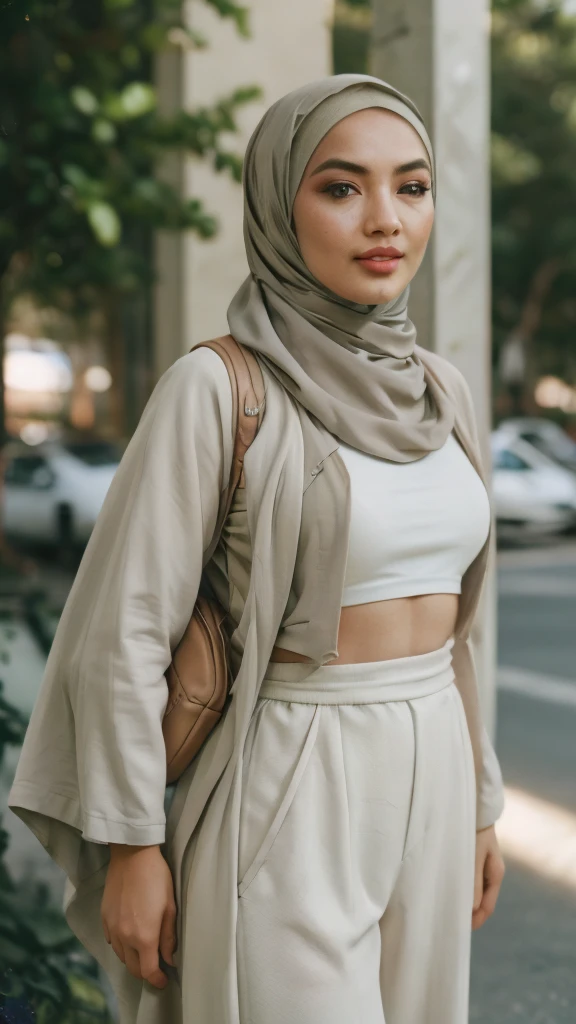 Malay girl in hijab wear big oversized loose white jersey and high waist palazzo pants in soccer field, watching soccer, wear back pack, front view, detail skin, detail skin texture, mole below eyes, big breast, big hip, big waist, big thigh, beautiful body, nighttime, laughing, happy, bright lighting,  blur background, bokeh, Nikon D850, Photographie de film ,4 Kodak Portra 400 ,camera f1.6 lentilles ,hyper realistic ,lifelike texture, dramatic lighting , Cinestill 800, (high detail face:1.4) (sourire:0.7)