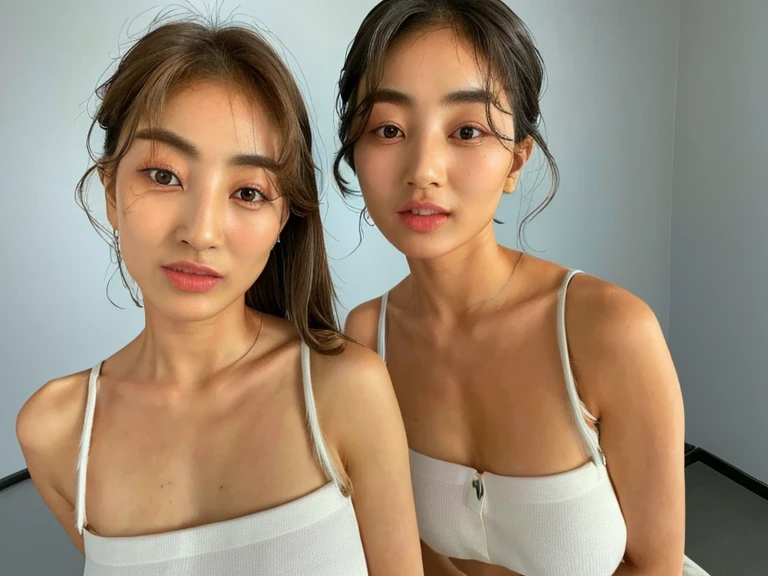 best quality, 4k, 8k, ultra highres, raw photo in hdr, sharp focus, intricate texture, skin imperfections, photograph a photo of jihyolorashy woman and her identical twin perfect body perfect face