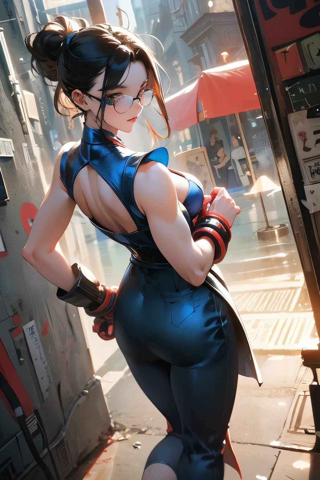 Wide angle shot, rear view, beautiful female street fighter, wearing large glasses, black undercut hair, wearing large steel knuckles
