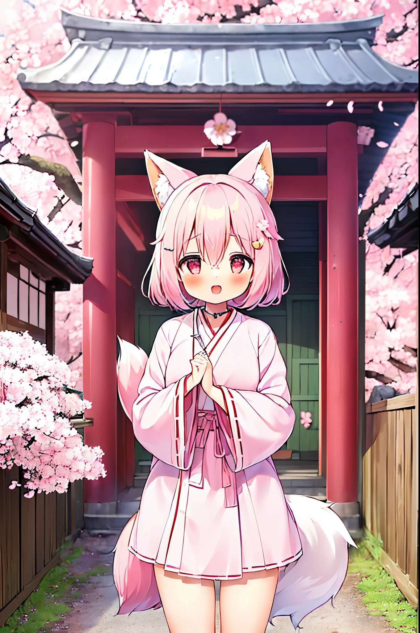 (masterpiece:1.5) (high quality:1.5), (beautiful:1.5), (8K:1.5), (High resolution:1.5), (1 girl:1.5), (pink short hair:1.4), pink short hair:1.4), (Pink fox tail:1.5), (Pink fox tail:1.5), (Pink fox ears), (pink eyes), (Miko costume:1.4), (long sleeve:1.1), (Shrine precincts:1.3), (Cherry Blossom:1.4), (Laughing 1.4), (cowboy shot:1.4), (Very cute pose:1.4), (風に舞うCherry Blossomびら:1.5)