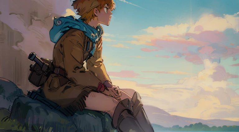 Anime art of a boy sitting on a rock looking at a lake, vincent di fate Nausicaa, Nausicaa ghibli, Nausicaa, Boromir of 80 years\'s anime world, by Miyazaki, by Yoshiyuki Tomino, Works inspired by Yumihiko Amano, female protagonist, Ghibrimebius, main character in front