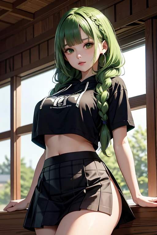 (masterpiece,highest quality),crop top look,Short sleeve hoodie, (Black skirt with gingham check),big breasts, green haired, 2 long thick braids, bangs.