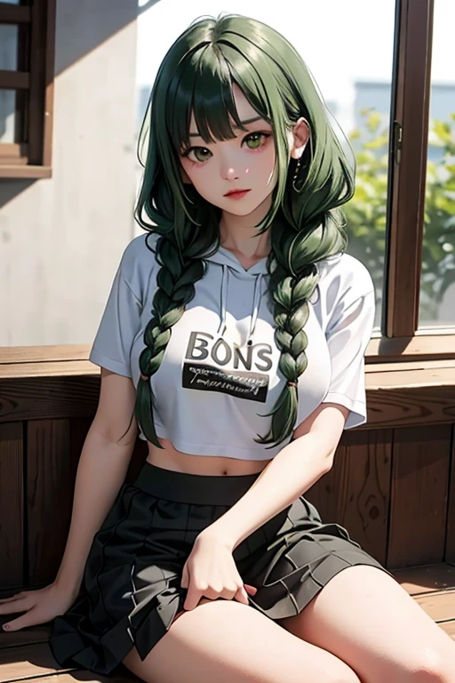 （masterpiece，highest quality），crop top look，Short sleeve hoodie， (Black skirt with gingham check)，big breasts, green haired, 2 long thick braids, bangs.