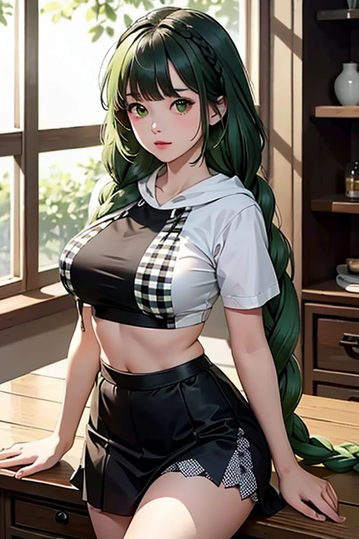 (masterpiece,highest quality),crop top look,Short sleeve hoodie, (Black skirt with gingham check),big breasts, green haired, 2 long thick braids, bangs.