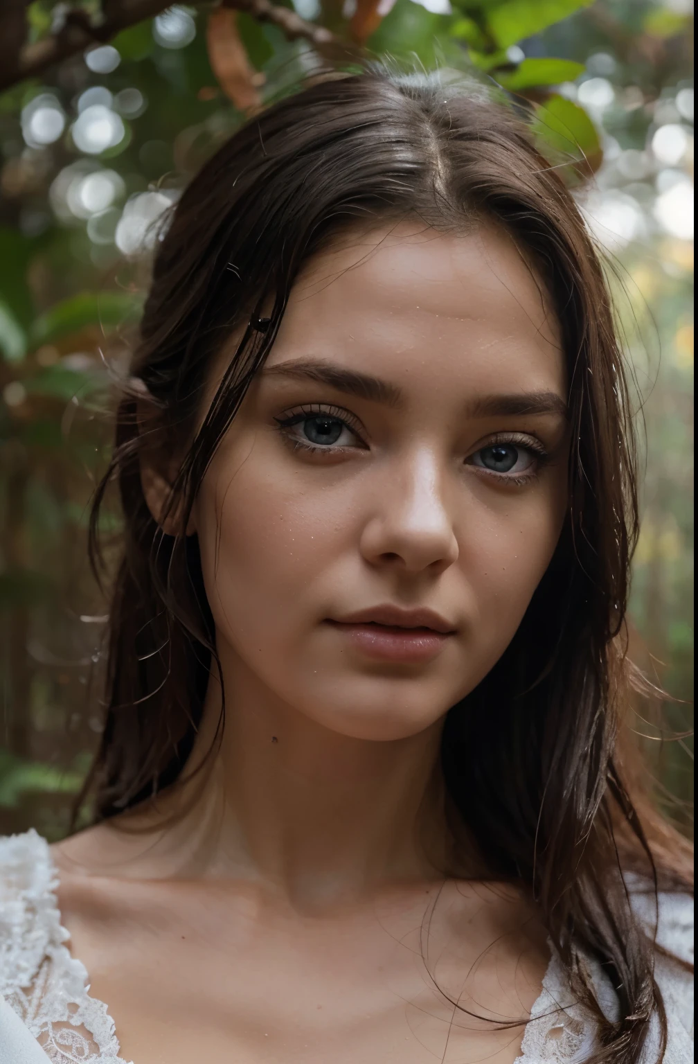 White skin, skinny she has light blue hyper realistic and detailed eyes, beautiful 20 years old, innocent ,her face and skin is meticulously detailed, she is outside in the rain ,her hair is wet, she is wearing a white dress, her skin is wet, she is looking away from the camera, she has meticulously detailed skin, meticulously detailed face and iris , its hyper realism ,she has hyper realistic hands, meticulously detailed feet, she has meticulously detailed fingers, meticulously detailed, she has meticulously detailed finger nails, she has dark hair and large eyes, she is in the forest, devious eyes, violet myers, without makeup, stunning ultra 8k shot outside on a rainy day autumn pine trees