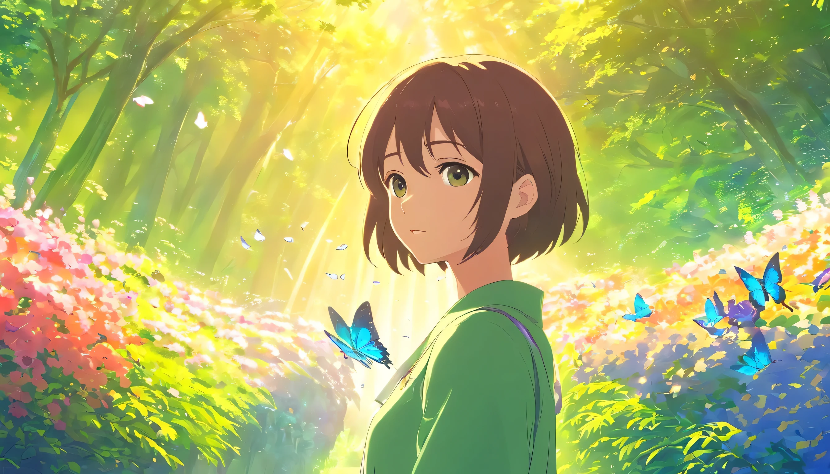 master piece, (highest quality), ((best details)), Depth of the bounds written, beautiful girl, beautiful face, nature, Spirit, flower, colorful landscape, flowers, butterfly, glowing suit, elements of