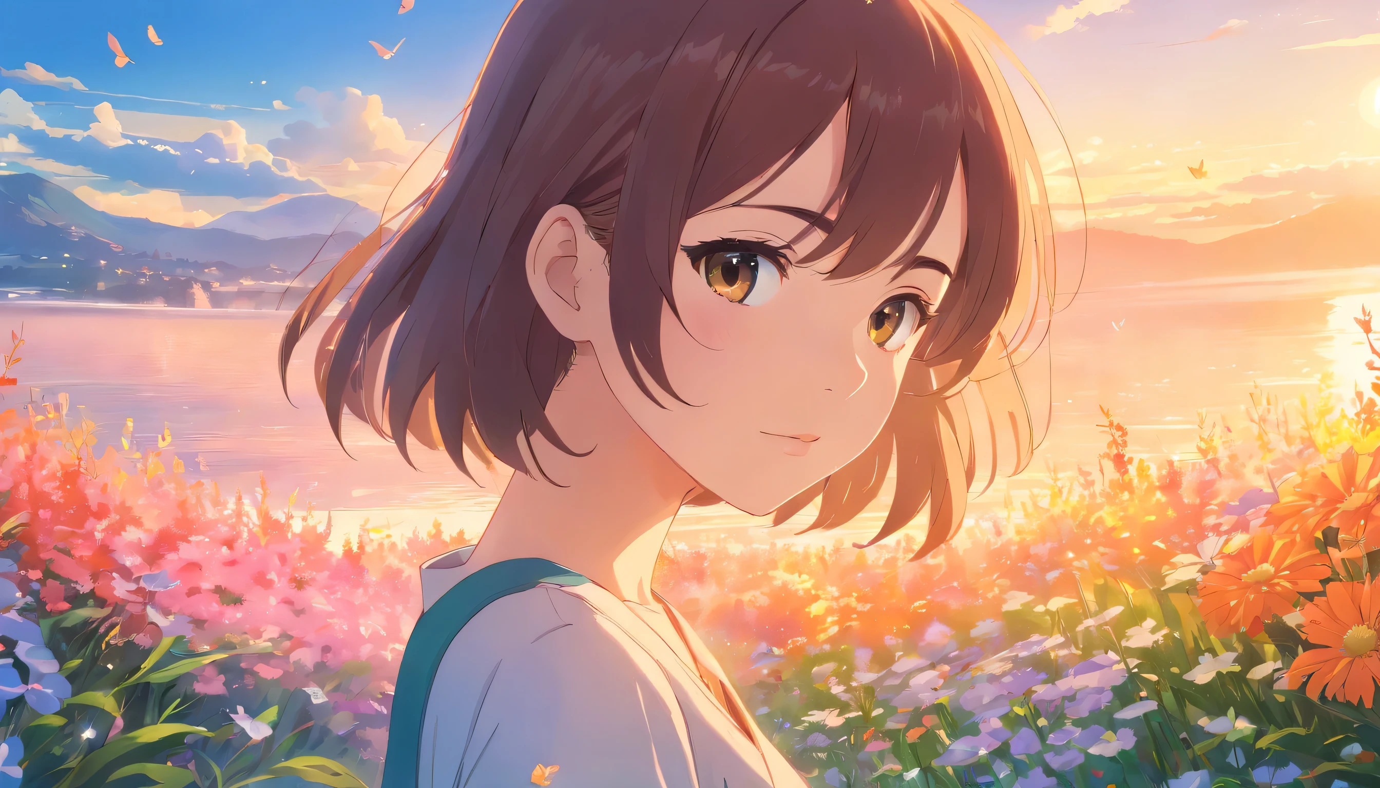master piece, (highest quality), ((best details)), Depth of the bounds written, beautiful girl, beautiful face, nature, Spirit, flower, colorful landscape, flowers, butterfly, glowing suit, elements of