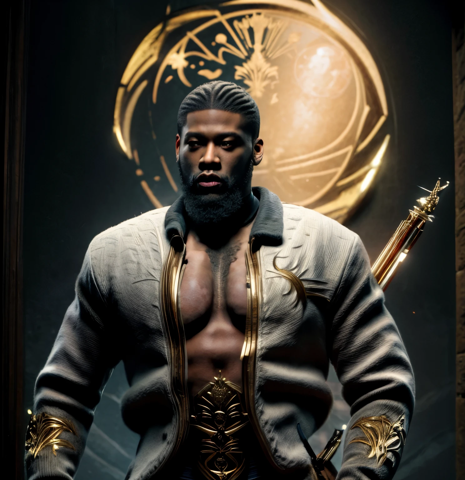 Strong blessed Warrior soul embodiment of peace, love, patience, bravery, courage, compassion, confidence, masculine, cancer sun, zodiac, Sagittarius moon in natal chart, Libra ascendant, man, Deep dark Blue hazey aura flowing around body, black man, brown skin, attractive, muscular, warm radiant essence, divine presence, Godly, Divine, grace, high resolution photo, 4k, 8k, high quality, anime, hetero, straight, dark haircut, Jay Z Style of clothing, 50 Cent energy, Hip Hop, son of Rhea Ripley, genetics, African American, melanin skin, full beard, lightning aurat name Kristopher Lafayette Royal, 30 years of age, competent and observant, sensual,