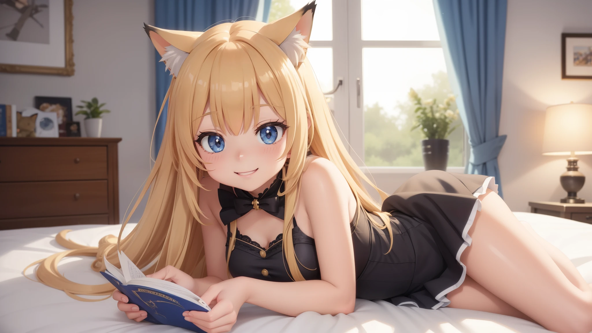 Long blonde hair anime solo girl studying in bed, Cat ear,stuffed toy,smile,mini skirt,From the Azur Lane video game, very beautiful anime cat girl, azur lane style, Azur Lane characters, beautiful anime cat girl, beautiful fantasy anime, trending on cgstation, charming cat girl, cute anime cat girl, anime style 4k, anime fantasy artwork,cute room,((best quality)),((very detailed)),