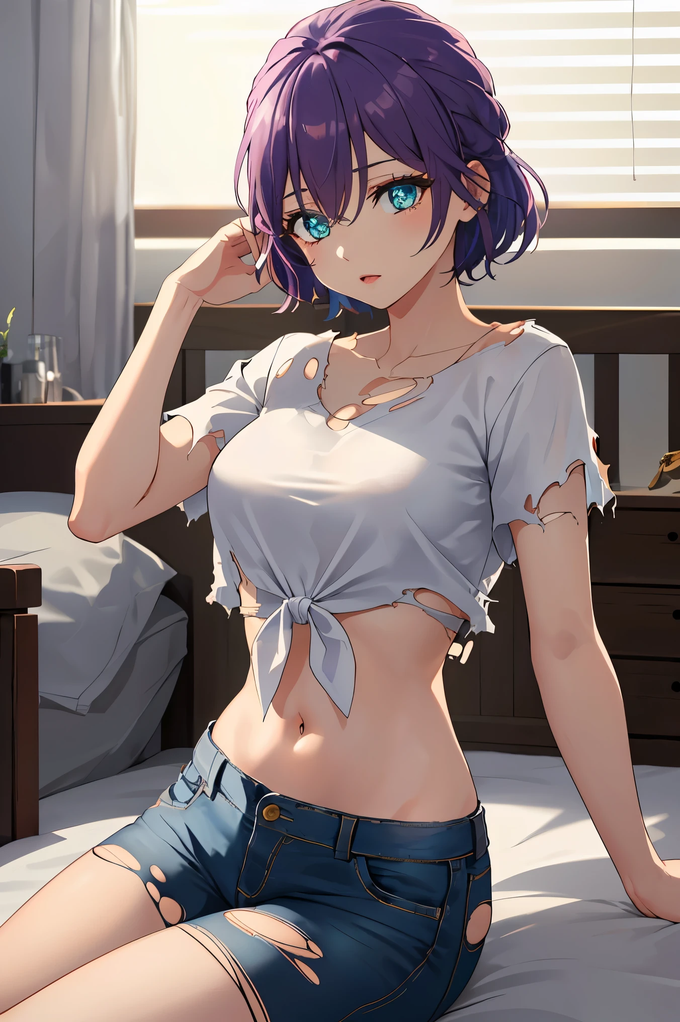 1girl, solo, short hair, purple hair,glowing green eyes,
BREAK ((midriff, navel, pants, shirt, short, tied shirt, toned, torn clothes, belth, denim, short sleeves, white shirt:1.5))
BREAK city, night,
BREAK on top of the bed, Beds,looking at viewert, upper legs, Sat down, nightstand, Blushlush, sexyposture,
BREAK (masterpiece:1.2), best quality, high resolution, unity 8k wallpaper, (illustration:0.8), (beautiful detailed eyes:1.6), extremely detailed face, perfect lighting, extremely detailed CG, (perfect hands, perfect anatomy),