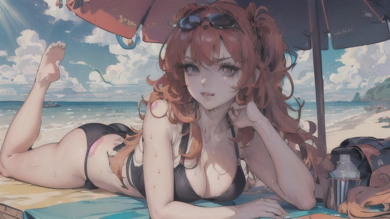 #quality(8k,wallpaper of extremely detailed CG unit, ​masterpiece,hight resolution,top-quality,top-quality real texture skin,hyper realisitic,increase the resolution,RAW photos,best qualtiy,highly detailed,the wallpaper),(colorful),solo,#1lady(cool,red colored bright hair,messy hair,long hair,cosmic colored eyes,big eyes,eyes are shining,y swim wear,very wet body and hair,lying on the beachbed,upper body shot,cowboy shot,from front,wearing sun glasses,smirk),#background(beautiful sea side,beach parasol,sun dawn,backlit),please draw hands and legs correctly.
