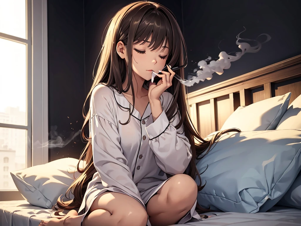 a girl smoking a cigarette, smoking, smoker, long brown hair, eyes closed, she's in extase, she's enjoying it, she's wearing a white pyjama, barefoot, alone, black wall, (((masterpiece))), being laid on a bed