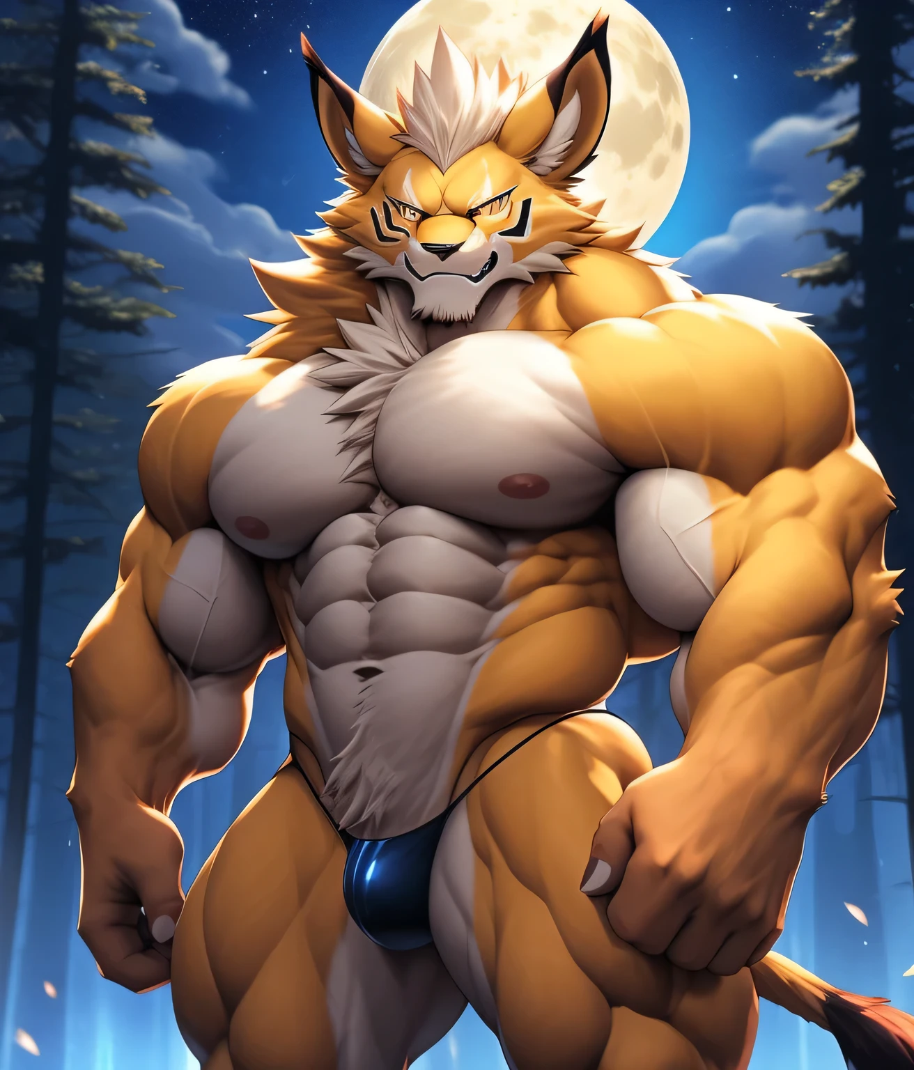PRO competitive bodybuilder, nj5furry, (Leomon,, massive, huge, muscular, Gigachad), (((((THONG))))) Leomon, YOUNG FACE, TEEN, ((extry realistic shadows, masterpiece, extremely detailed, photorealistic)), kemono, looking at the viewer, ((FRONT)), murderous look, Leomon, ((detailed face)) nose, amber eyes, ((detailed eyes)), skin, fur, hair, mane, height 3 meters high, the optimal height, tight clothing, 300 lbs, body full of huge muscles; muscle and bulge pecs, huge pecs, ((massive pectorals)) ((huge pectorals)) ripped abs, V-shaped body, thick waist, long legs, strong arms manly, handsome face, attractive cool calm face type with a mischievous smile, topless. Mountaint forest, night, moon, moon rays, clouds, stars; bulge in the crotch, wears a small string thong that reveals huge, muscular thighs, (((she wears a very tight little string thong))), bulging biceps. A muscular bodybuilder in the making. A potential PRO competitive bodybuilder and bulging neck. ((Almost naked))