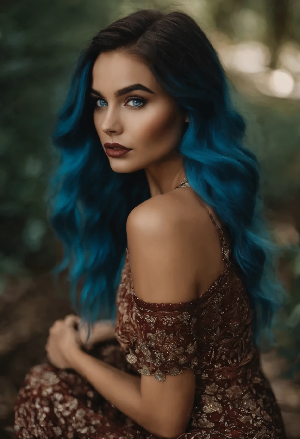 Femme d’Arafed avec des vêtements de Bohème, fille aux yeux bruns, Portrait Sophie Mudd, blue eye liner, , full body, thong, blue hair, reproduce different scenarios, beautiful, dark lips, blue eyes, maquillage naturel, Regarder directement la caméra, Visage avec Artgram, Maquillage subtil, Superbe photo du corps entier, full body, showing body, legs,full
