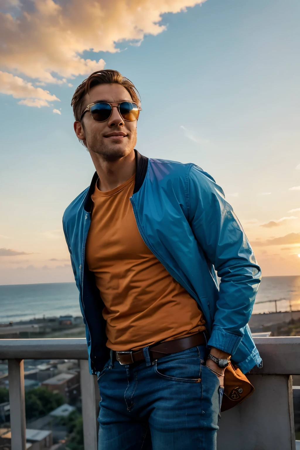Handsome man, One human in the picture, Happy, looking slightly up, wearing jacket and jeans, sunglasses, with beautiful sunset in gradient from blue to orange on the background, few clouds