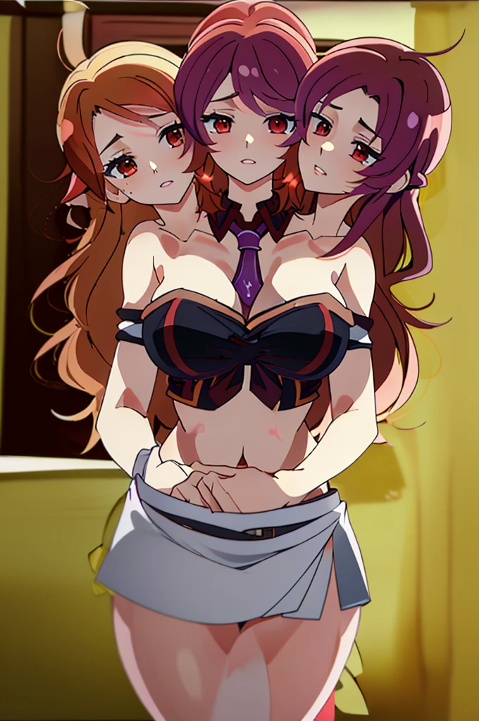 (masterpiece, best quality),best quality, best resolution, (ultra-detailed), (3heads:1.5), 1girl, (raiko horikawa:1.3), masterpiece, best quality, ultra quality, ultra resolution, ultra detail, black top, crop top, ((stomach)), midriff, ((groin)), white skirt, normal ears, shackles, wavy red hair, very long hair, redhead, wavy hair, sidelocks, red eyes, parted lips, open belly, sweat, cute, toned belly, hand on own chest, eyelashes, (25 year old woman:1.3), (masterpiece:1.5), (best quality:1.5), (beautiful detailed), extremely detailed CG, extremely delicate and beautiful, depth of field, (finely detailed face), (perfect details:1.2), (mature female:1.3), wide pelvis, slender, large veiny breast, 16k resolution, highres, very high quality, very high definition, extremely detailed, masterpiece, wavy red hair, long hair, alluring presence, braid, short skirt, close up, big tits, young, purple tie,