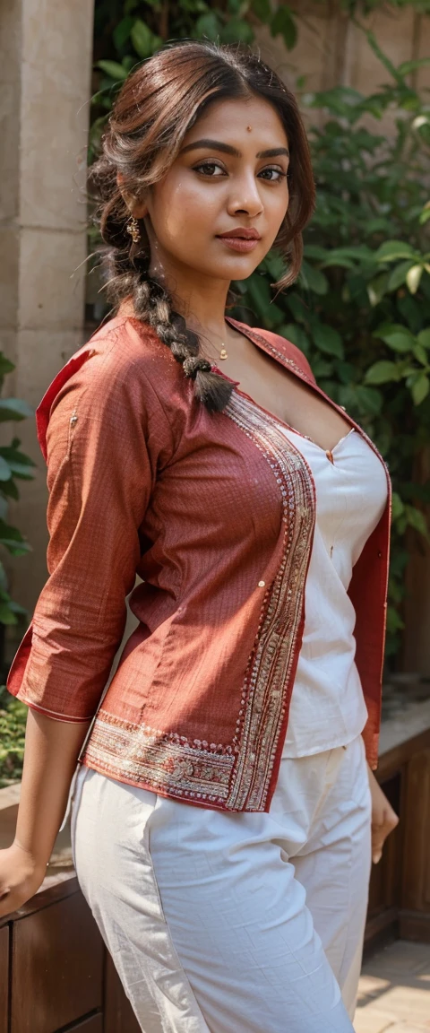 A gorgeous Indian women, 30 year old, Braun hair, sharp eyelid , thick chubby happy face' , carved full body, masterpiece, (best quality:1.2), [:intricate details:0.2], fair glowing skin , angel face , round face , braid bun hair style , glitter lipstick ,big  deep cleavage  ,red chudiya in hand  ,(wearing ,red Traditional Women's Cotton Sanganeri Block Printed Kurta with Afgani Pant & Dupatta)  , hanimoon romantic bilding ruf top garden  city skyline rose flower , bright sunlight,  high quality light details, bright light,