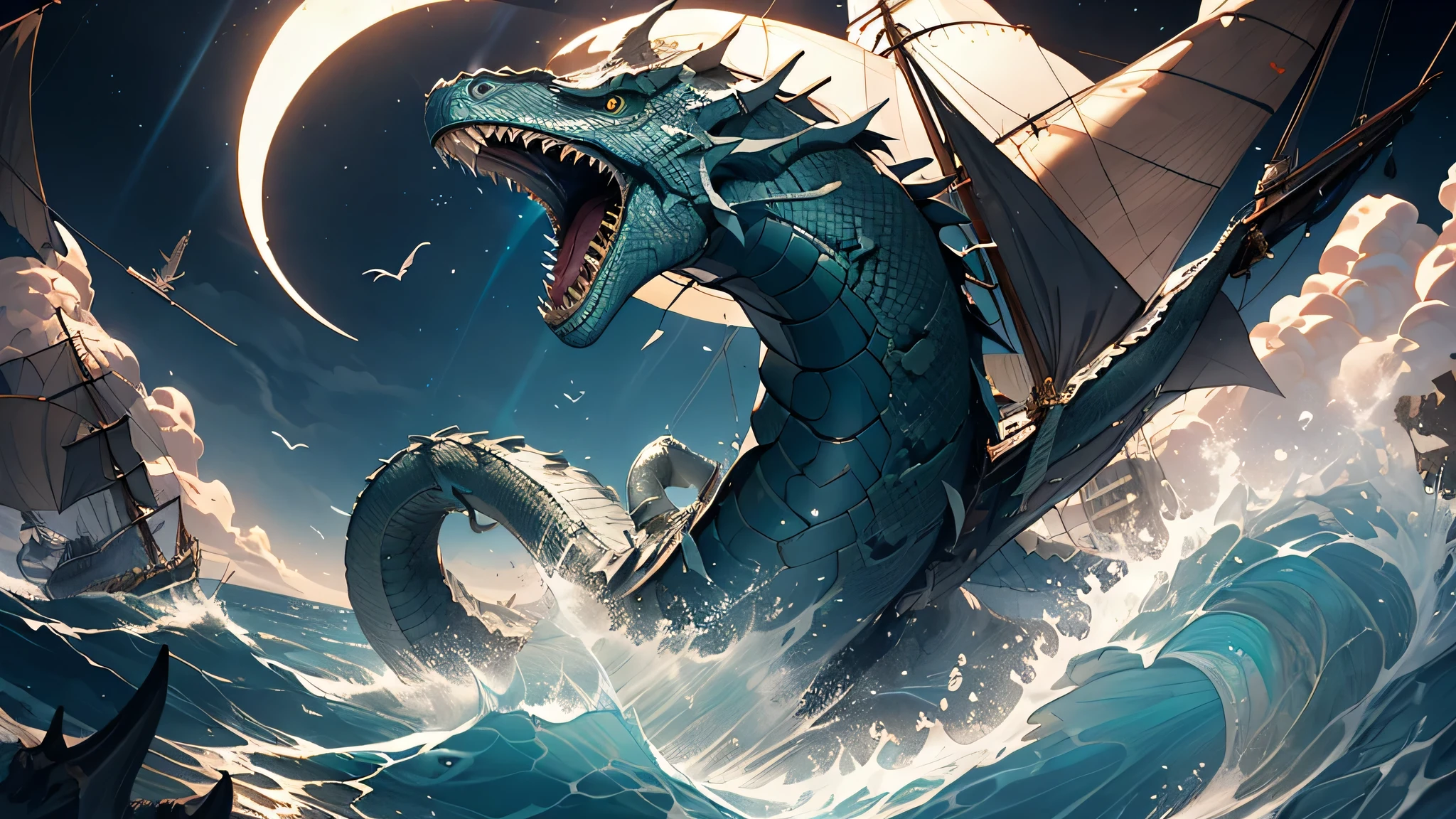 A majestic sea serpent dragon like a giant snake serpent, emerges from the depths of the ocean, destroying over a wooden sailing ship, medieval fantasy setting, dramatic lighting with moonlight casting shadows, ultra-realistic detailing, waves crashing, epic scale
