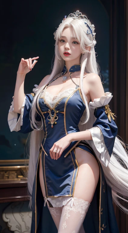 photorealistic, masterpiece, high resolution, soft light, mature female, silver hair, blue eyes, hips up, jewelry, jiangshi, qing_guanmao, breast curtains, ofuda, china dress,qing guanmao,shibari
