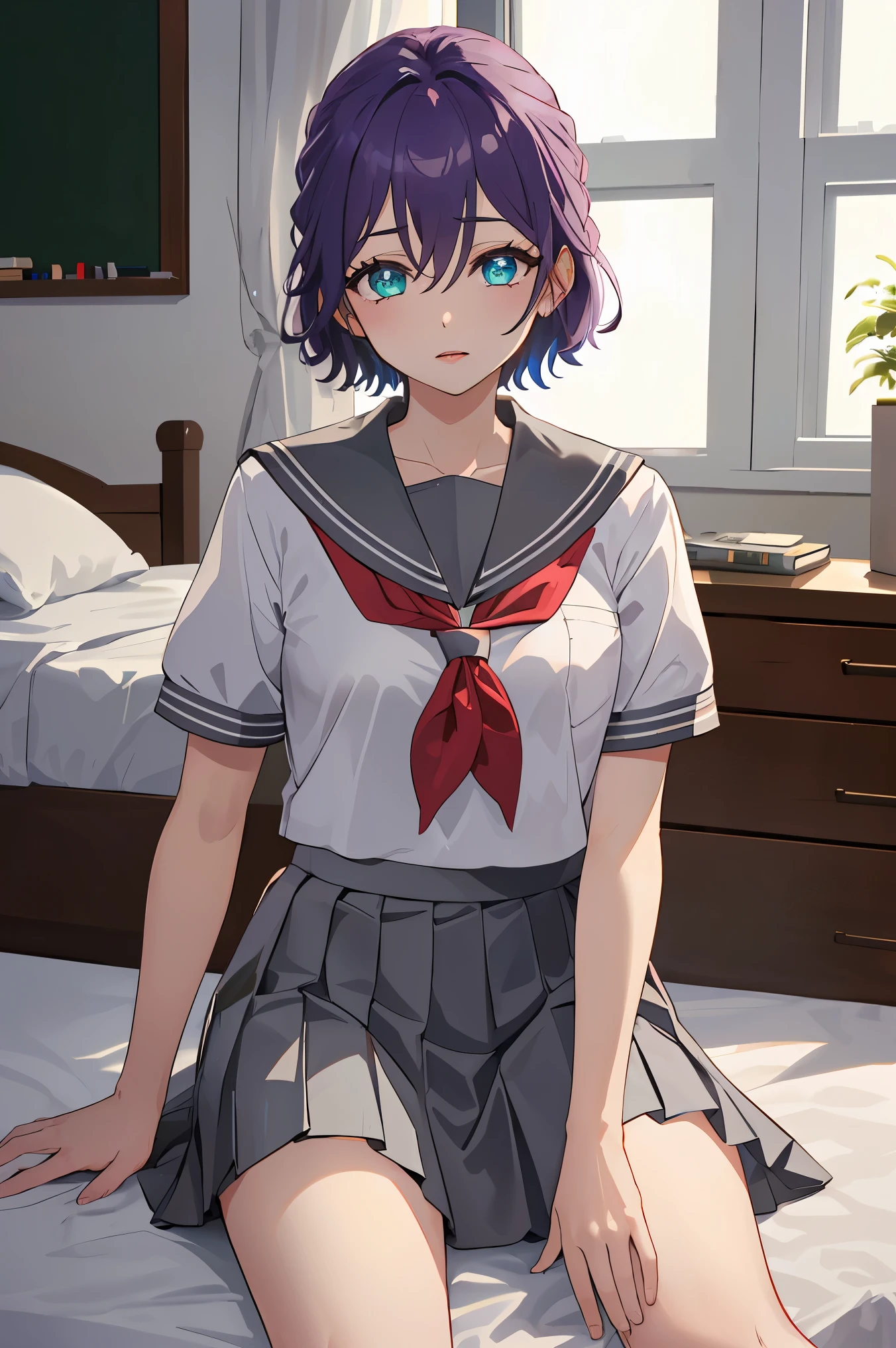 1girl, solo, short hair, purple hair,glowing green eyes,
BREAK ((grey skirt, neckerchief, pleated skirt, red neckerchief, , serafuku, shirt, short sleeves, skirt, white shirt, uranohoshi school uniform:1.5))
BREAK city, night,
BREAK on top of the bed, Beds,looking at viewert, upper legs, Sat down, nightstand, Blushlush, sexyposture,
BREAK (masterpiece:1.2), best quality, high resolution, unity 8k wallpaper, (illustration:0.8), (beautiful detailed eyes:1.6), extremely detailed face, perfect lighting, extremely detailed CG, (perfect hands, perfect anatomy),