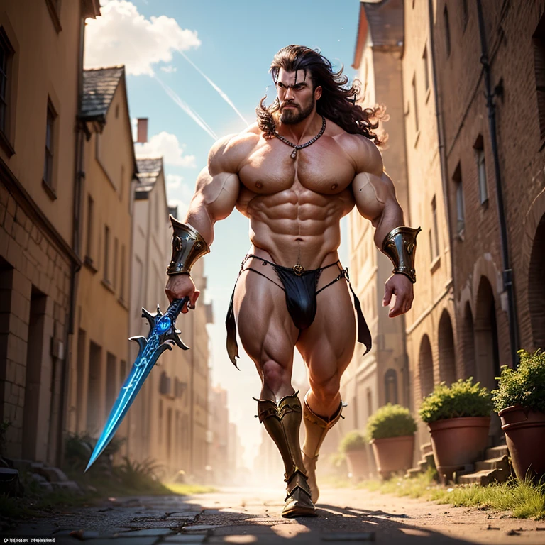 warrior man with big sword, muscular man of micro loincloth with bulge, sword in hand, upward bulge in micro loincloth, city background, bright and gleaming sword, quality image, best quality, in attack position, realistic details, magic particles, whole body image, clothes with golden details, long hair tied, scar on face, image catching all body,  boots with golden details, blood particles, golden armor, uncovered abdomen, micro leather thong, scar on chest, part of leather armor, manly man, man with big hair, big bulky muscles, whole body, medieval scenery, photo particles, rays of sunlight in the background, full body image, whole glass appearing in photo, medieval city background,  Medieval setting, hair flying in the wind, (bulge upward erection:1.2)