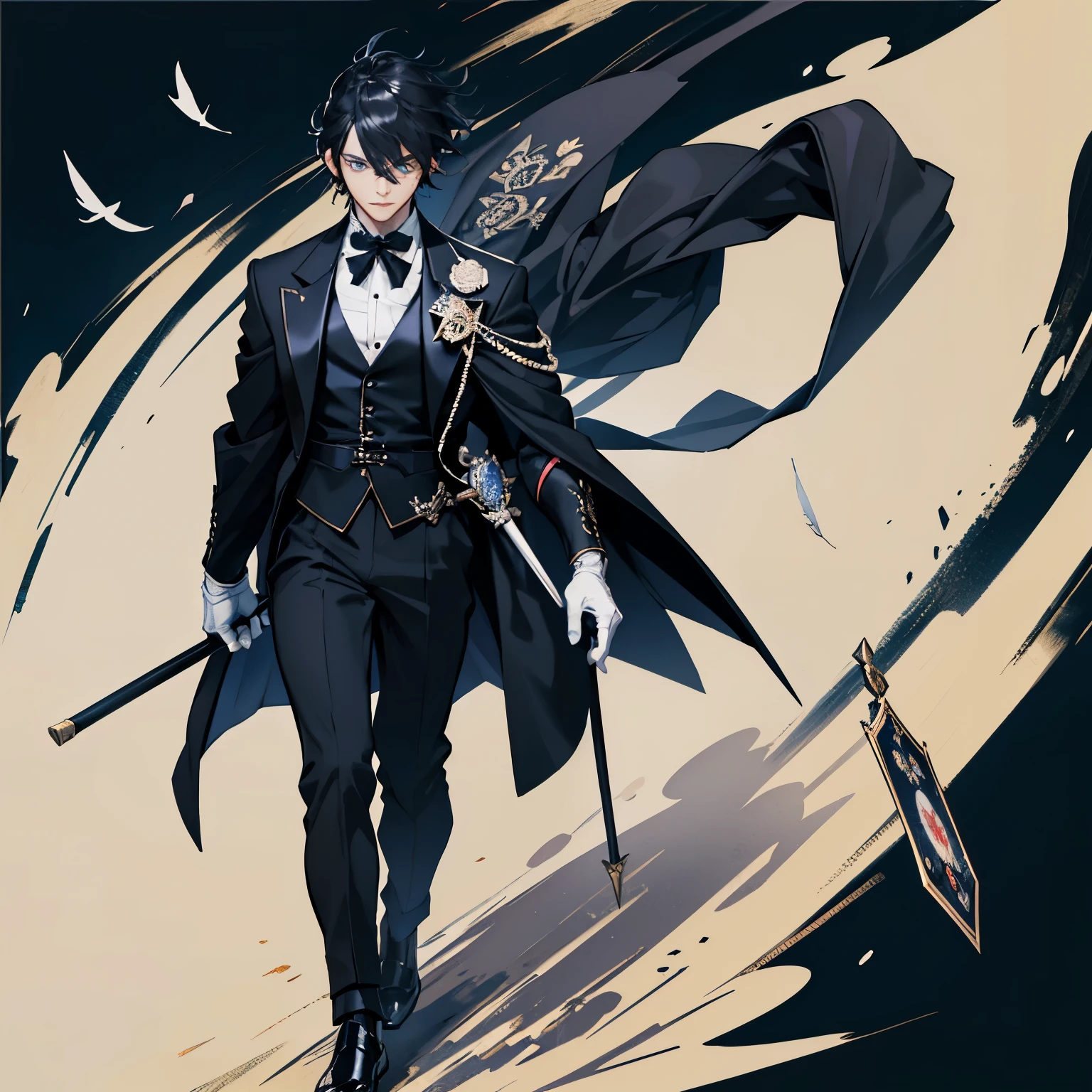 A Japanese man with black hair and blue eyes Black jester's cap and walking stick Black tailcoat and pointed leather shoes Clown mask and white gloves In the background, tarot cards are flying in the wind.