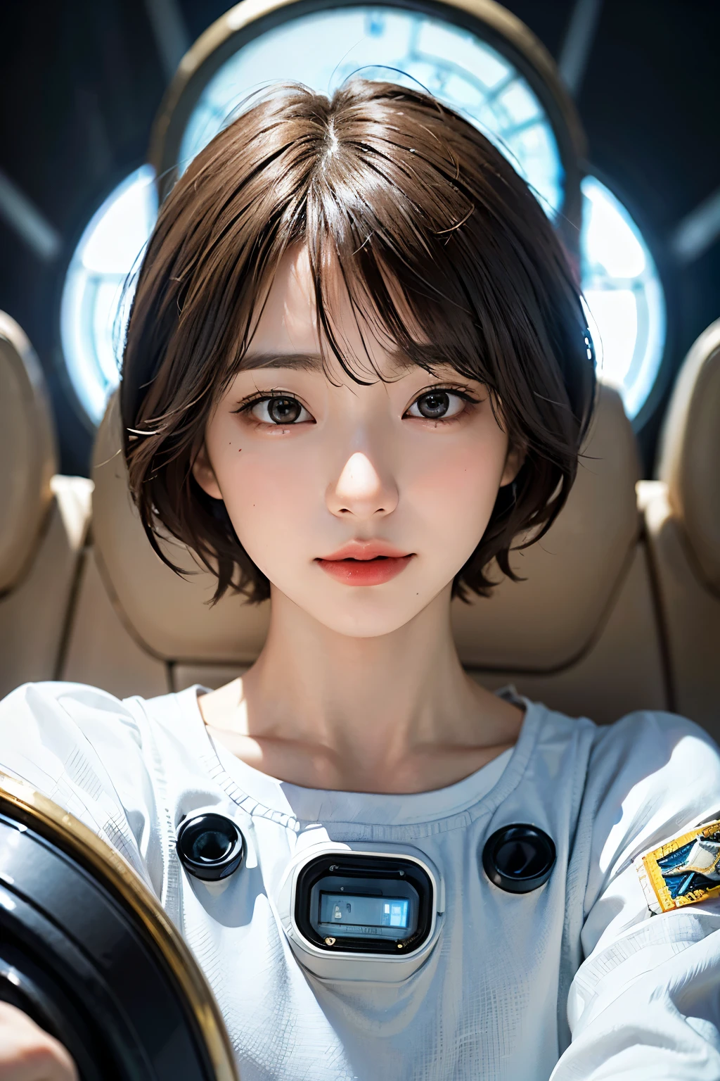 highest quality、masterpiece、ultra high resolution、(real:1.4)、Beautiful woman1、Beautiful details of eyes and skin、light brown short cut hair、small smile、latest space suit、space station、spaceship、Remains、cloudy sky、