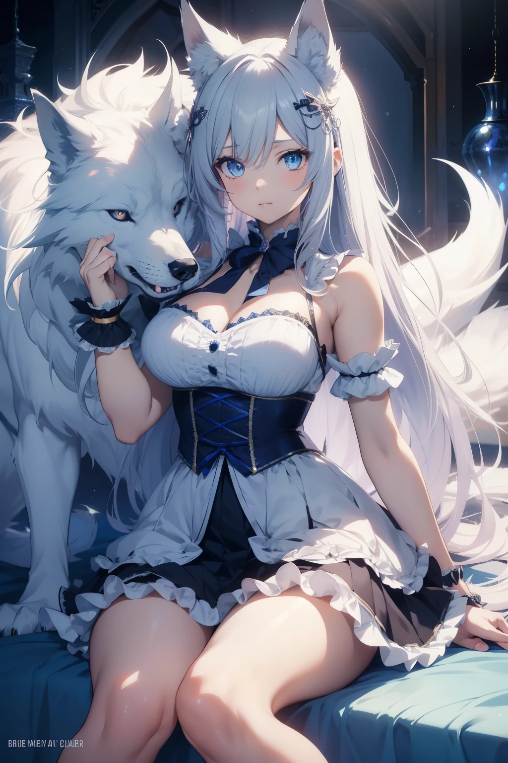 Anime girl, clad in a frilly skirt and ribbon, proudly sits atop a giant, fierce white wolf with piercing blue eyes. Her alluring pose is incredibly girly and cute, showcasing her unrealistically feminine anatomy and expressing her breathtakingly gorgeous features in the anime style. Hyper-detailed and high definition, this HDR 8k image radiantly captures every intricate line and curve, as if bringing the scene to life in a surreal, vibrant world. The anime girl's arms are wrapped tightly around the wolf's neck, and her tiny waist contrasts starkly with the beast's impressive size. Together, they form