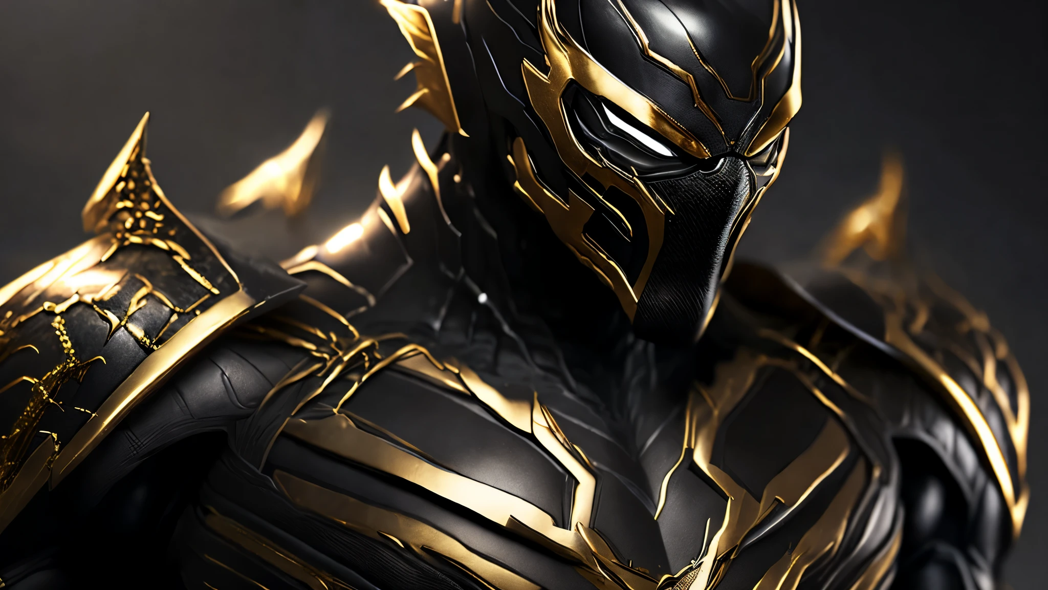 Close-up ( Steal metal black and gold venom from Marvel in Goth style: 1.3) emerging from the reflective steal metal, extremely detailed, smoke, sparks, metal shavings, flying debris, volumetric light