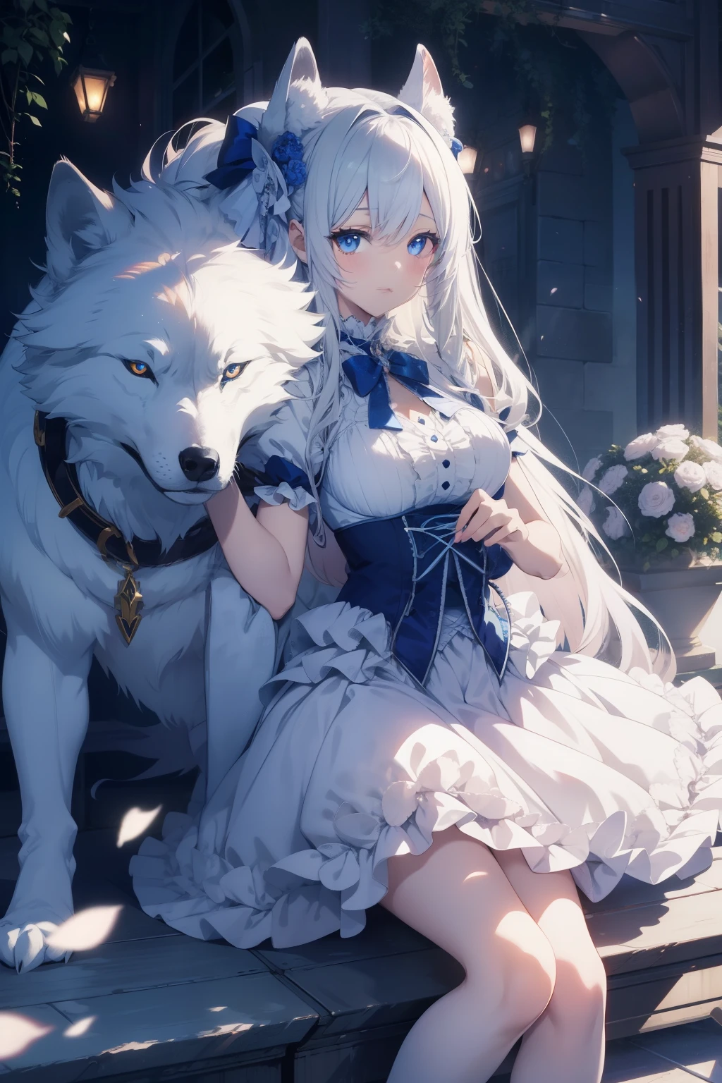 Anime girl, clad in a frilly skirt and ribbon, proudly sits atop a giant, fierce white wolf with piercing blue eyes. Her alluring pose is incredibly girly and cute, showcasing her unrealistically feminine anatomy and expressing her breathtakingly gorgeous features in the anime style. Hyper-detailed and high definition, this HDR 8k image radiantly captures every intricate line and curve, as if bringing the scene to life in a surreal, vibrant world. The anime girl's arms are wrapped tightly around the wolf's neck, and her tiny waist contrasts starkly with the beast's impressive size. Together, they form